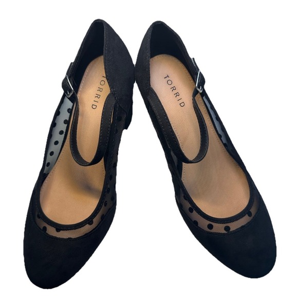 Torrid Block Heels Women's Size 10W Black Pump Polka Dot Mesh Strappy Suede NWOT - Picture 1 of 13